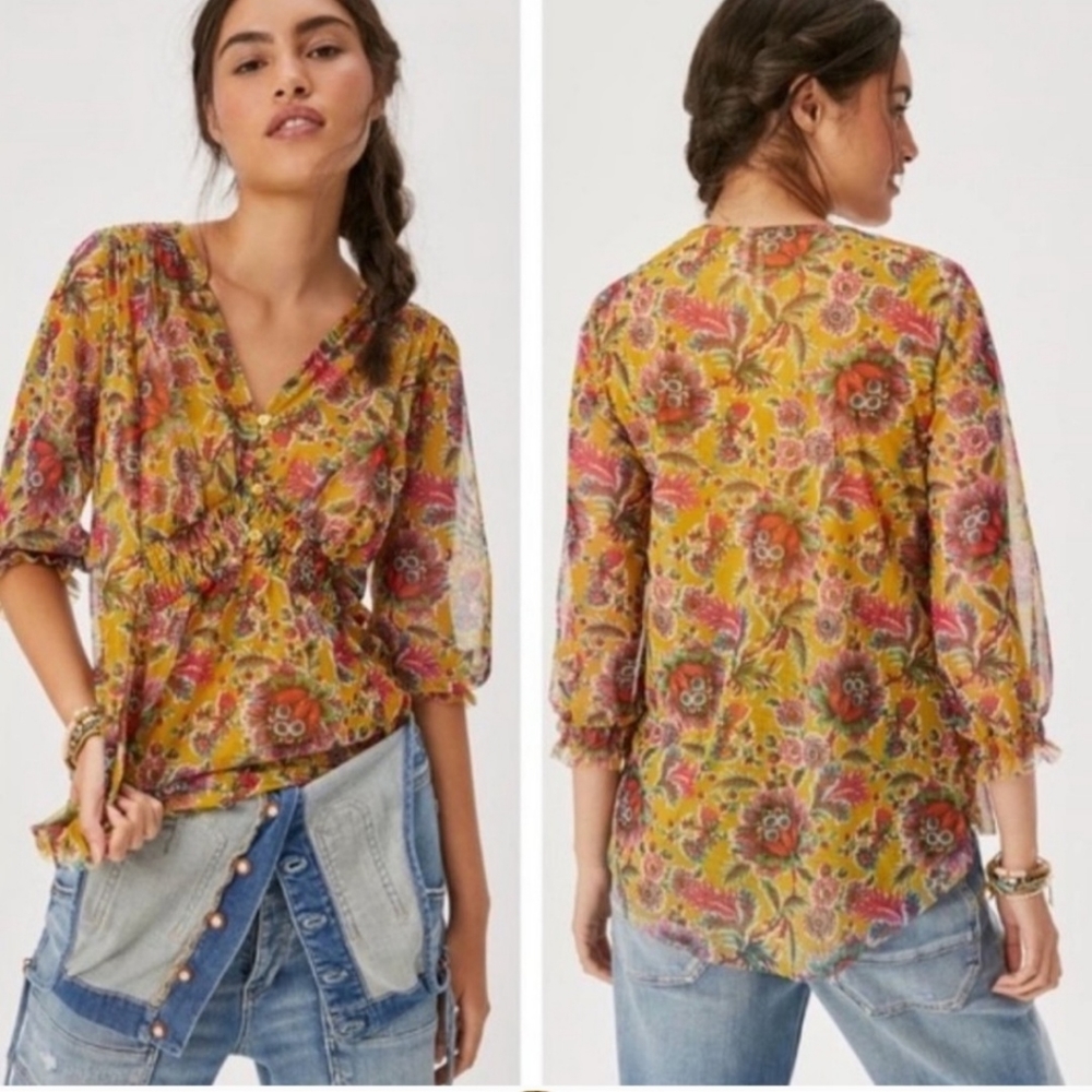 Anthropologie Gretchen Smocked Saffron Yellow Floral Top Small